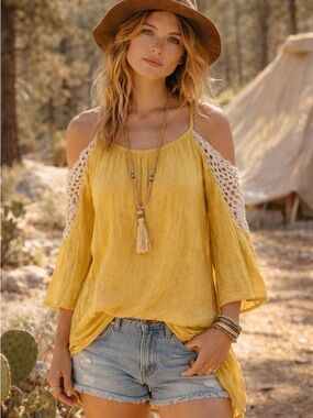 Umgee Mustard Boho Cold Shoulder Crochet Blouse S
